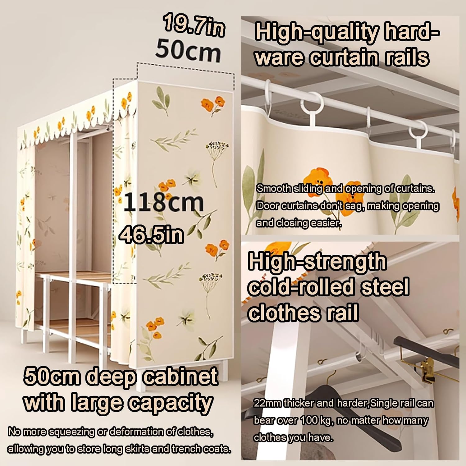 Foldable Portable Closet with Cover, Heavy Duty Armoire Wardrobe, 67.3 in Covered Clothes Rack, Storage Garment Racks for Hanging Clothes(C,112cm/44.1in)