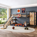 Bellemave Metal Twin Over Twin Bunk Bed Frame with Slide,Twin Size Floor Bunk Bed and Basketball Hoop,Pull-up Rings and Climbing Wall,Heavy Duty Bunk Beds with Bookshelves for Kids Girls Boys,Natural