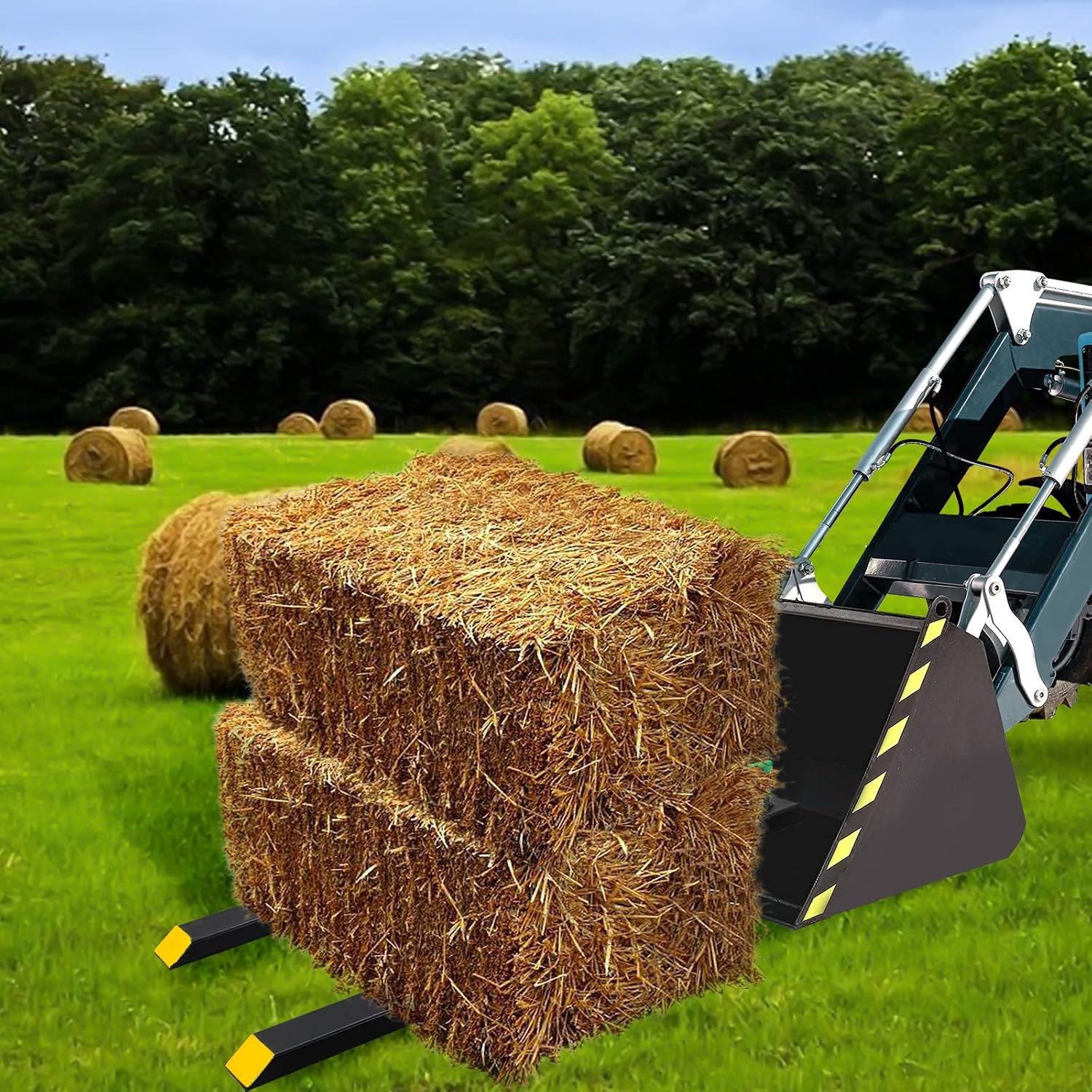 Clamp on Pallet Forks with Adjustable Stabilizer Bar 60' 1500lbs Max, Heavy Duty Pallet Forks Clamp On for Tractor Bucket