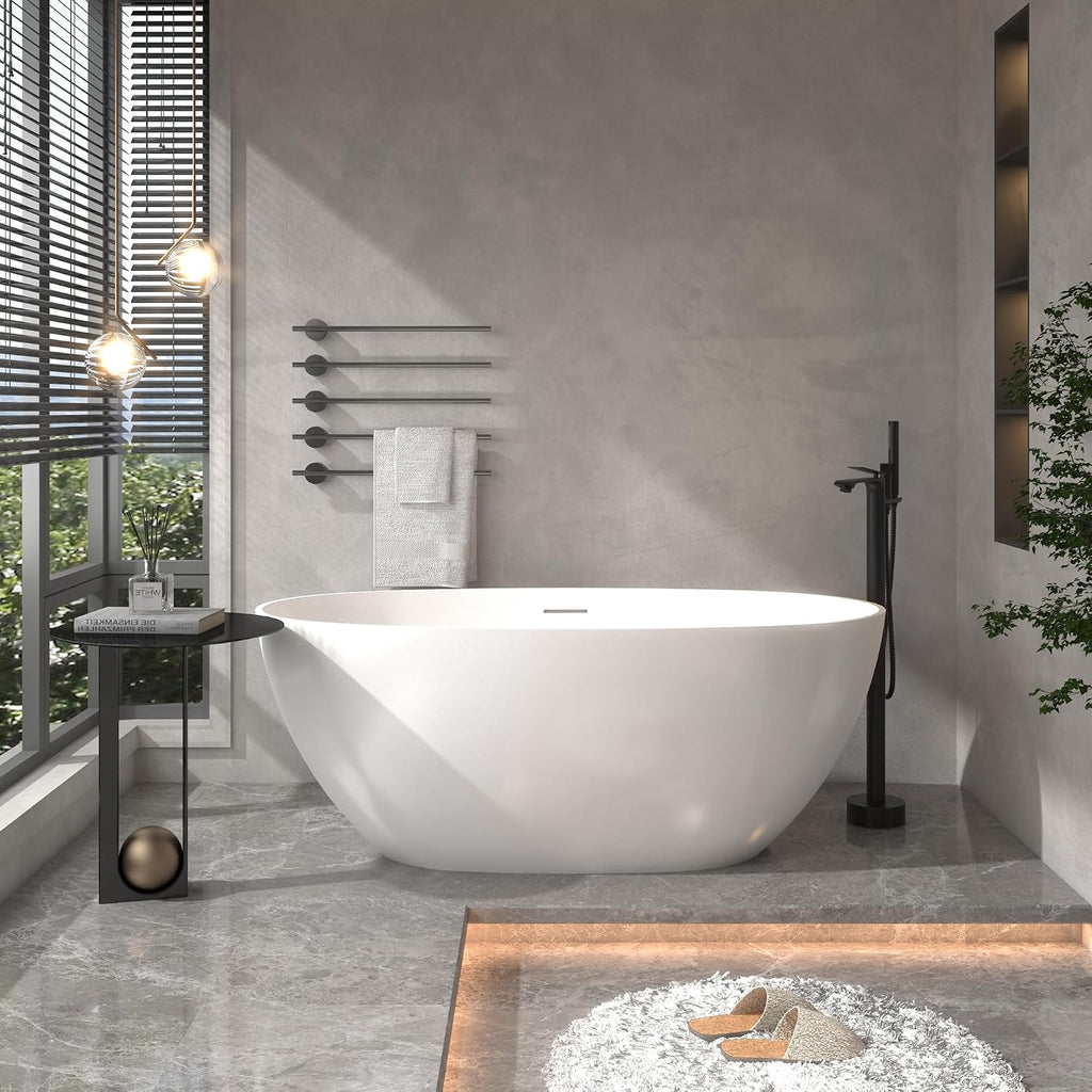 CASAINC 59'' Resin Stone Freestanding Bathtub, Matte White Soaking Bathtub Classic Oval Solid Surface Stand Alone Tub with Overflow and Pop-up Drain, Drain Hose & Sanding Paper