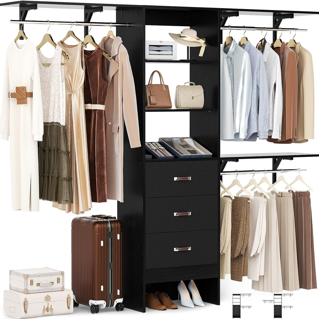 Closet System with 3 Drawers - 8FT Wood Closet Organizer with 3 Shelving Tower & Hanging Rods, 96' Walk-in Wardrobe Closet Organizer System for 4-8FT Spaces, Heavy Duty Garment Clothes Rack, Black
