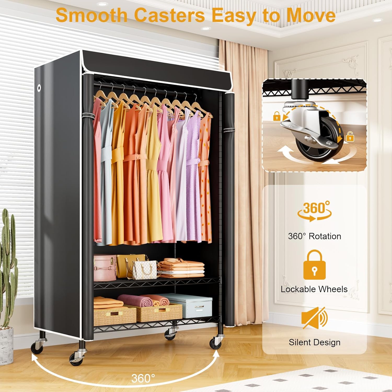ULIFHOME P6C Rolling Clothes Rack with Cover, Covered Clothing Racks Heavy Duty, Portable Closet for Hanging Clothes, Garment Racks on Wheels, Black Closet Rack with Black Cover, Max Load 365LBS