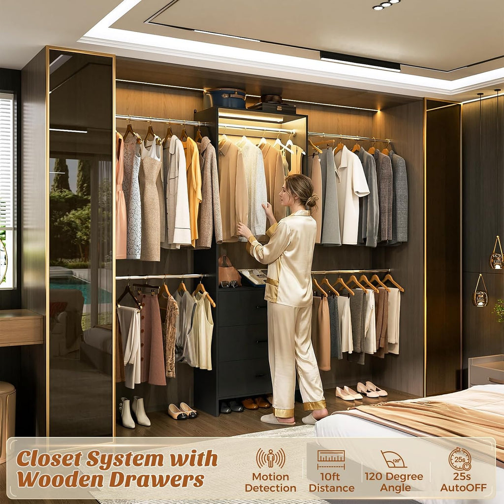 Aheaplus Closet System with Motion-Sensing Light, 3 Wooden Drawers and 4 Hanging Rods, Customizable Walk-in Closet Organizer with 3CCT LED, Heavy Duty Garment Rack for Bedroom,Black