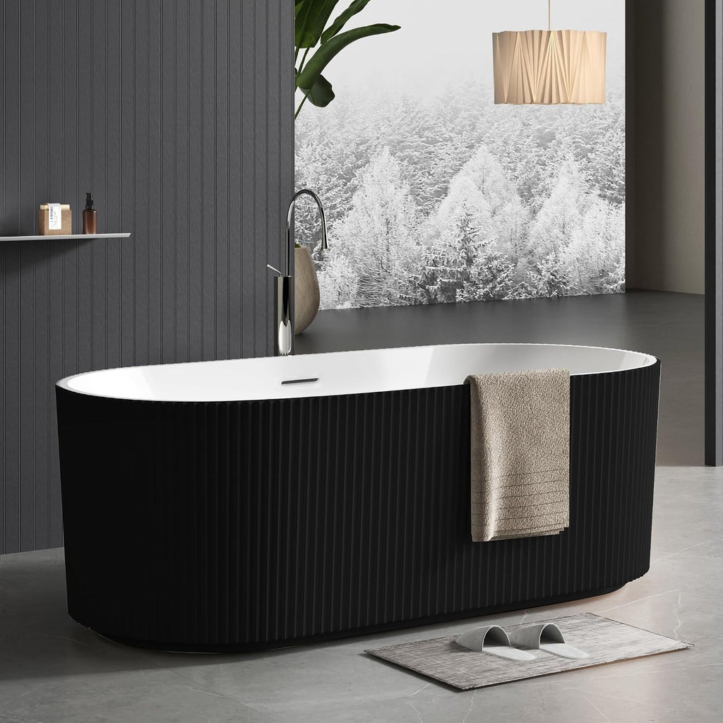 Freestanding Bathtub 59-inch,Acrylic Soaking Tub with Overflow Drain, CUPC Certified Thickened Design Glossy Black for Modern Bathroom