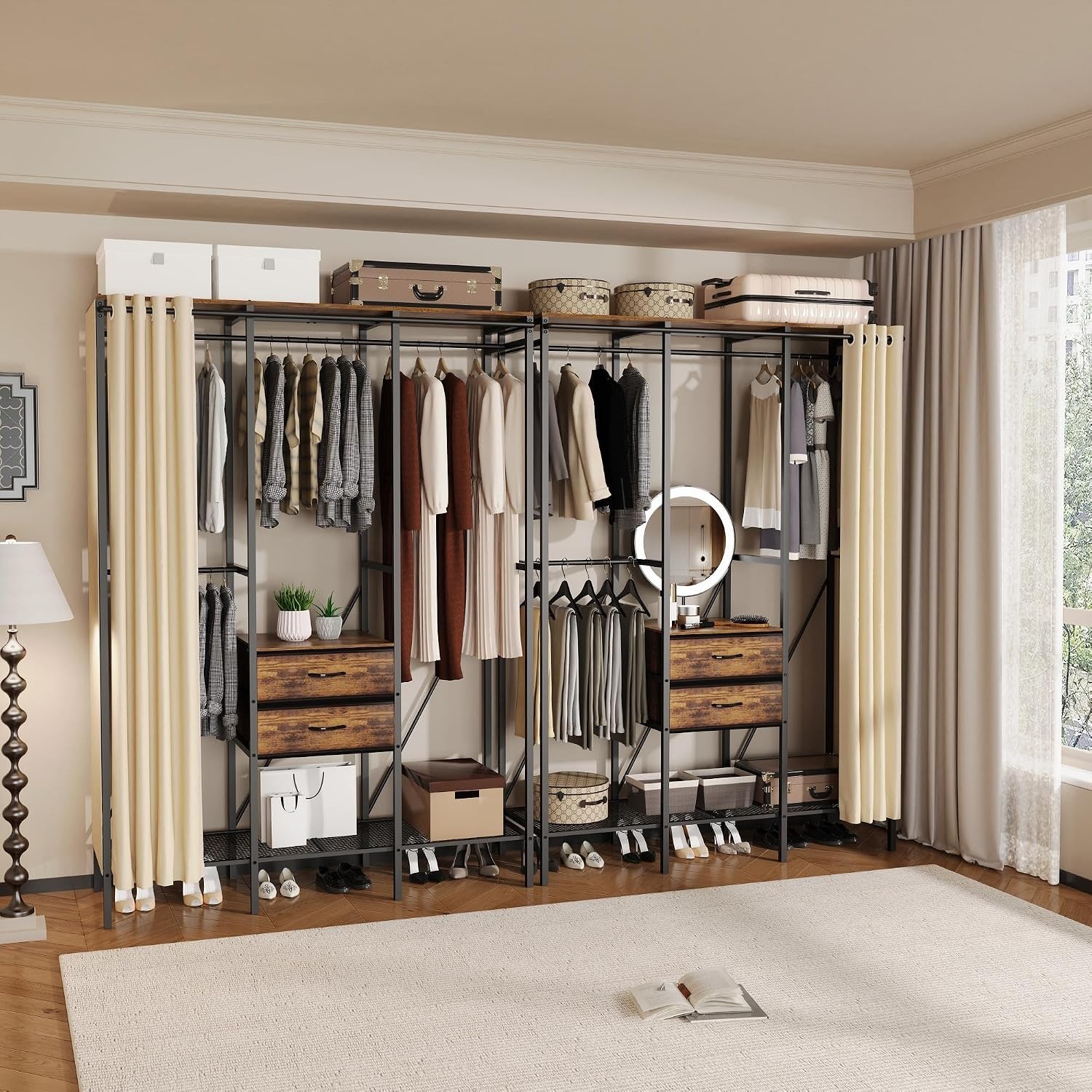 Large Heavy Duty Clothes Rack Organizer Stand Portable Wardrobe with Dust-Proof Cover Brown Metal