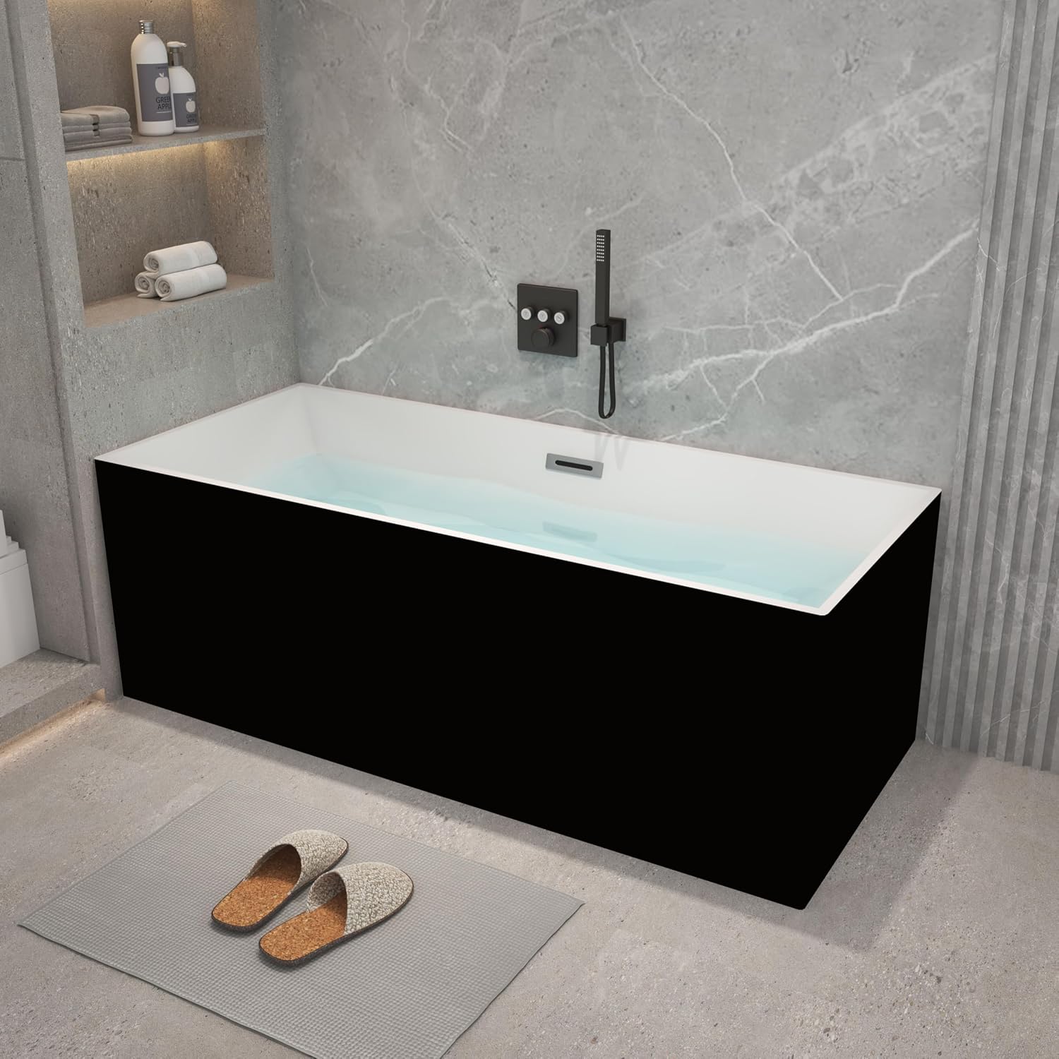 59 inch Black Freestanding Square Soaking Bathtub, Modern Stand Alone Free Standing Acrylic Tub with Center Chrome Drain & Overflow