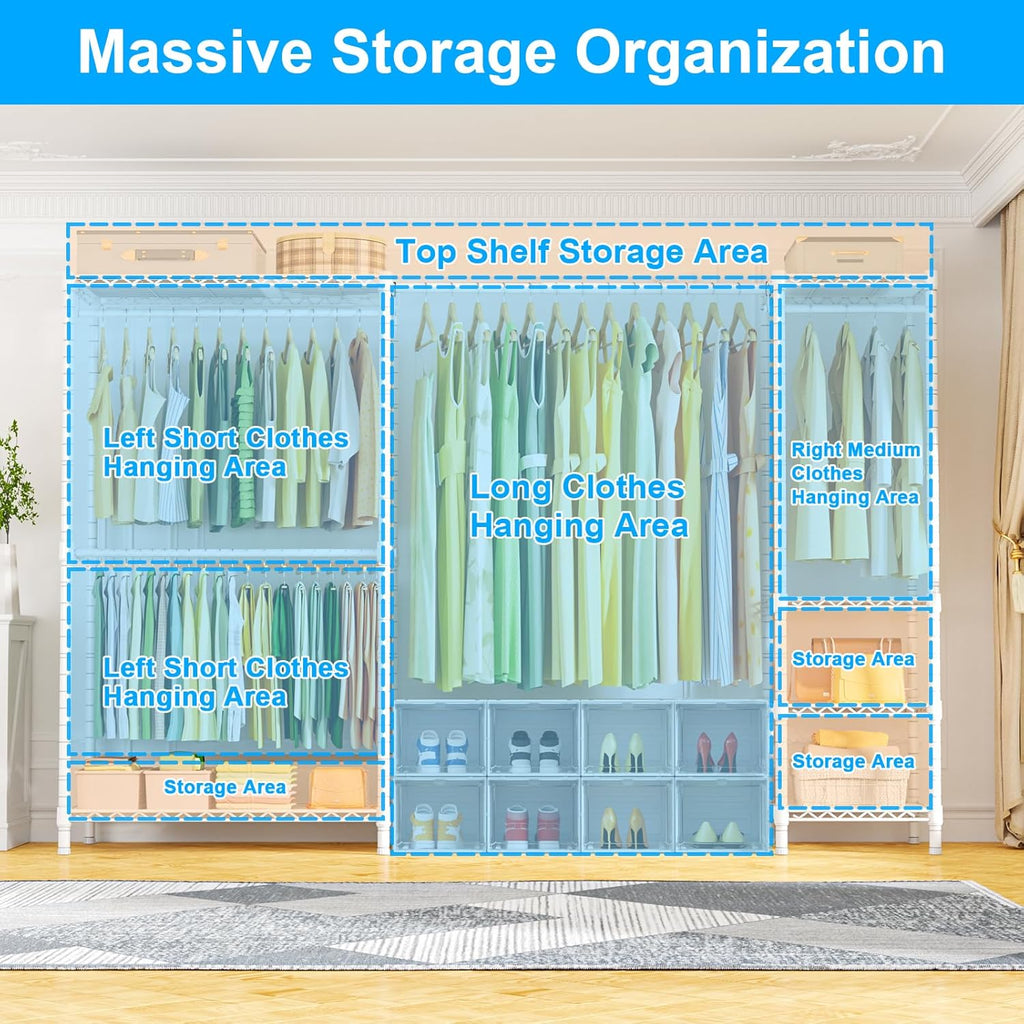 Ulif E10 (With Stretchable Hanger Rod) and E12C (With Black Dustproof Cover) Heavy Duty Closet Organizer System, Freestanding Clothing Rack for Hanging Clothes, Adjustable Garment Rack