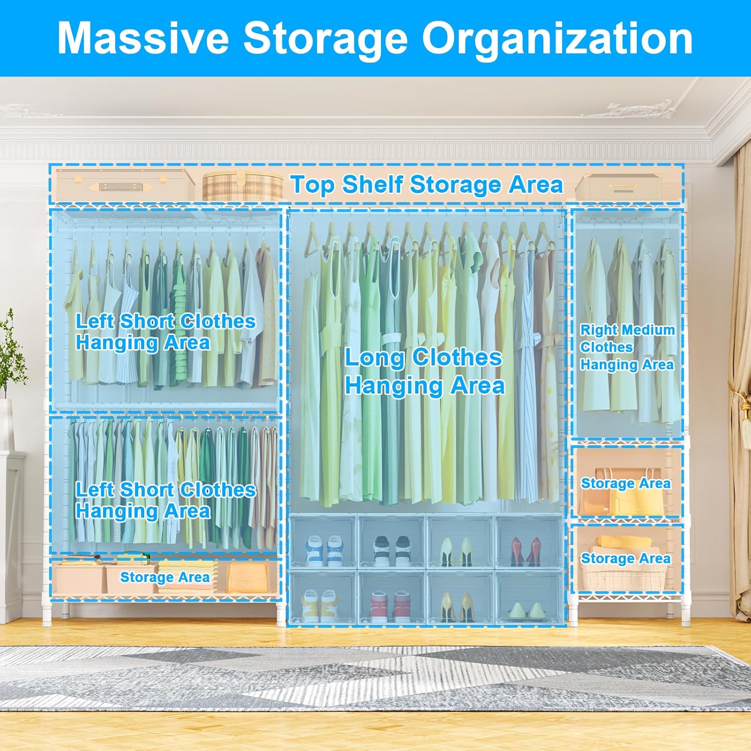 Ulif E10 (With Stretchable Hanger Rod) and E12C (With Black Dustproof Cover) Heavy Duty Closet Organizer System, Freestanding Clothing Rack for Hanging Clothes, Adjustable Garment Rack