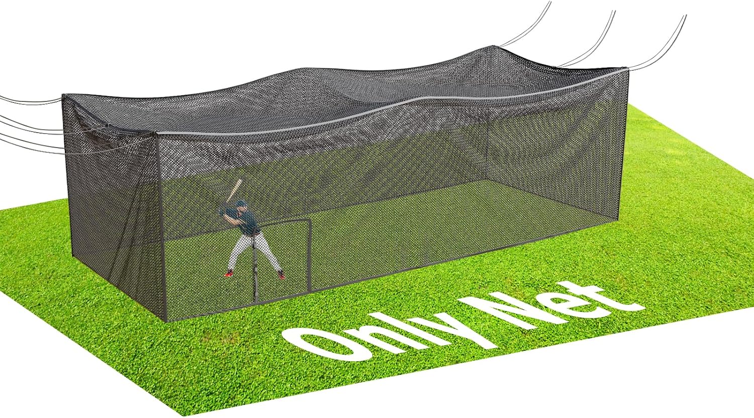 Batting Cage Net, UV-Stabilized HDPE, Black, 1-3/4' Square Mesh, Square-Hung, 1/4' Border Rope, Side Door – Baseball & Softball Netting – Sizes: 8x8x20ft,10x10x35ft,12x12x55ft, 12x14x70ft