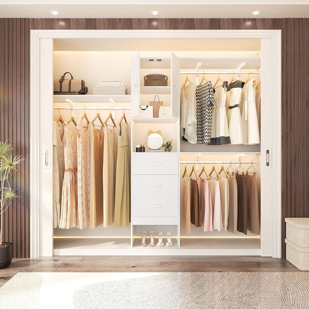 Armocity 96 Inches Closet System with Doors, 8FT Walk In Closet Organizer with 3 Shelving Towers, Heavy Duty Clothes Garment Rack with 3 Wood Drawers, 96' L x 16' W x 80' H, Max Load 1000 LBS, White