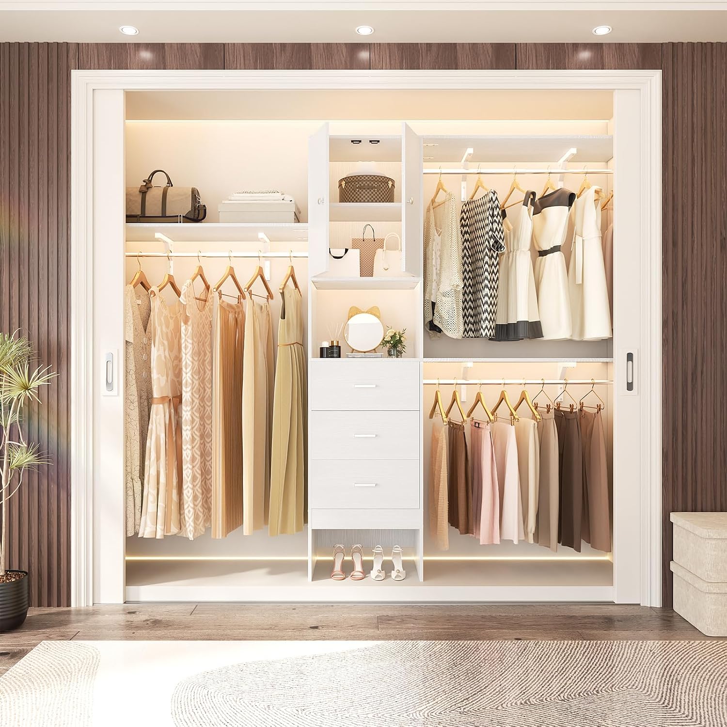 Armocity 96 Inches Closet System with Doors, 8FT Walk In Closet Organizer with 3 Shelving Towers, Heavy Duty Clothes Garment Rack with 3 Wood Drawers, 96' L x 16' W x 80' H, Max Load 1000 LBS, White