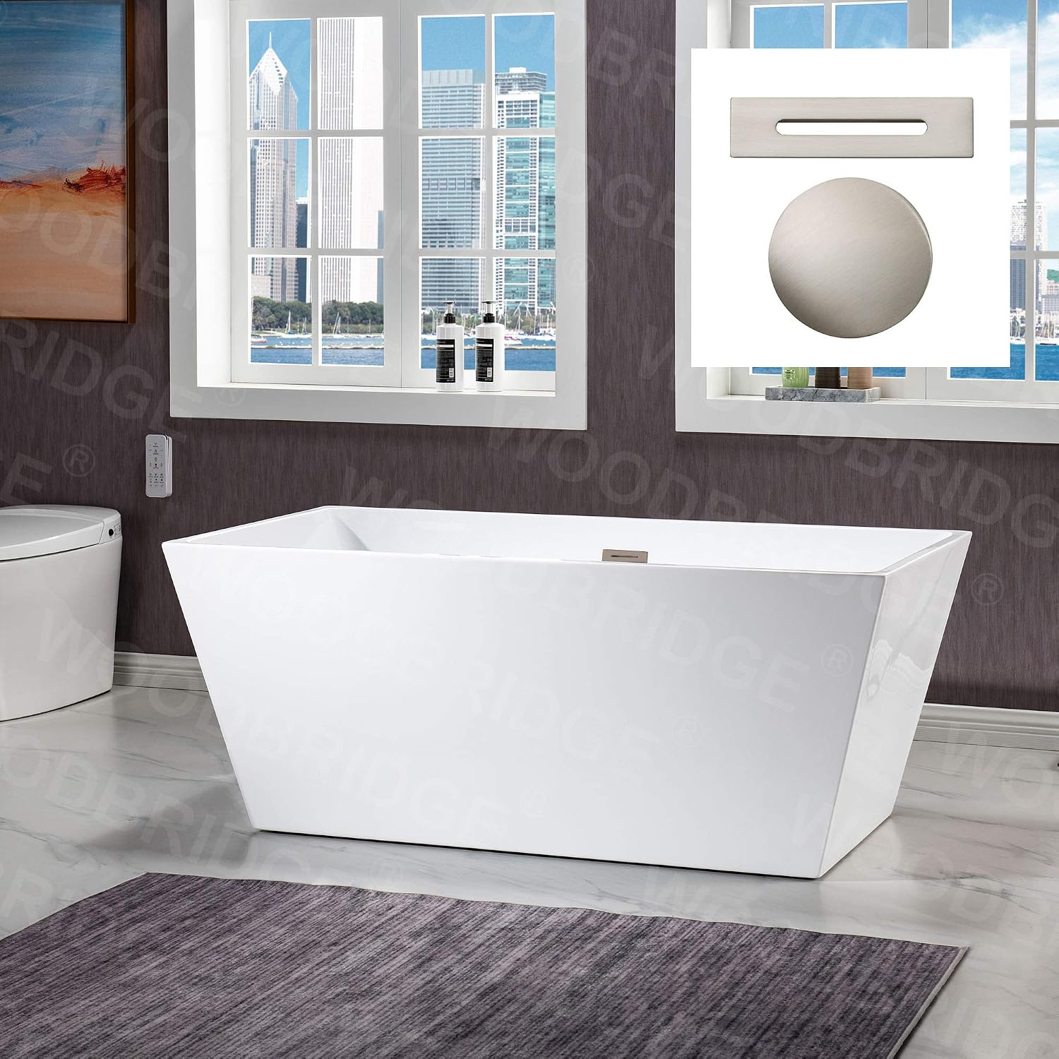 WOODBRIDGE 59' Acrylic Freestanding Bathtub Contemporary Soaking White Tub with Brushed Nickel Overflow and Drain，BTA1412-B/N-Drain&O
