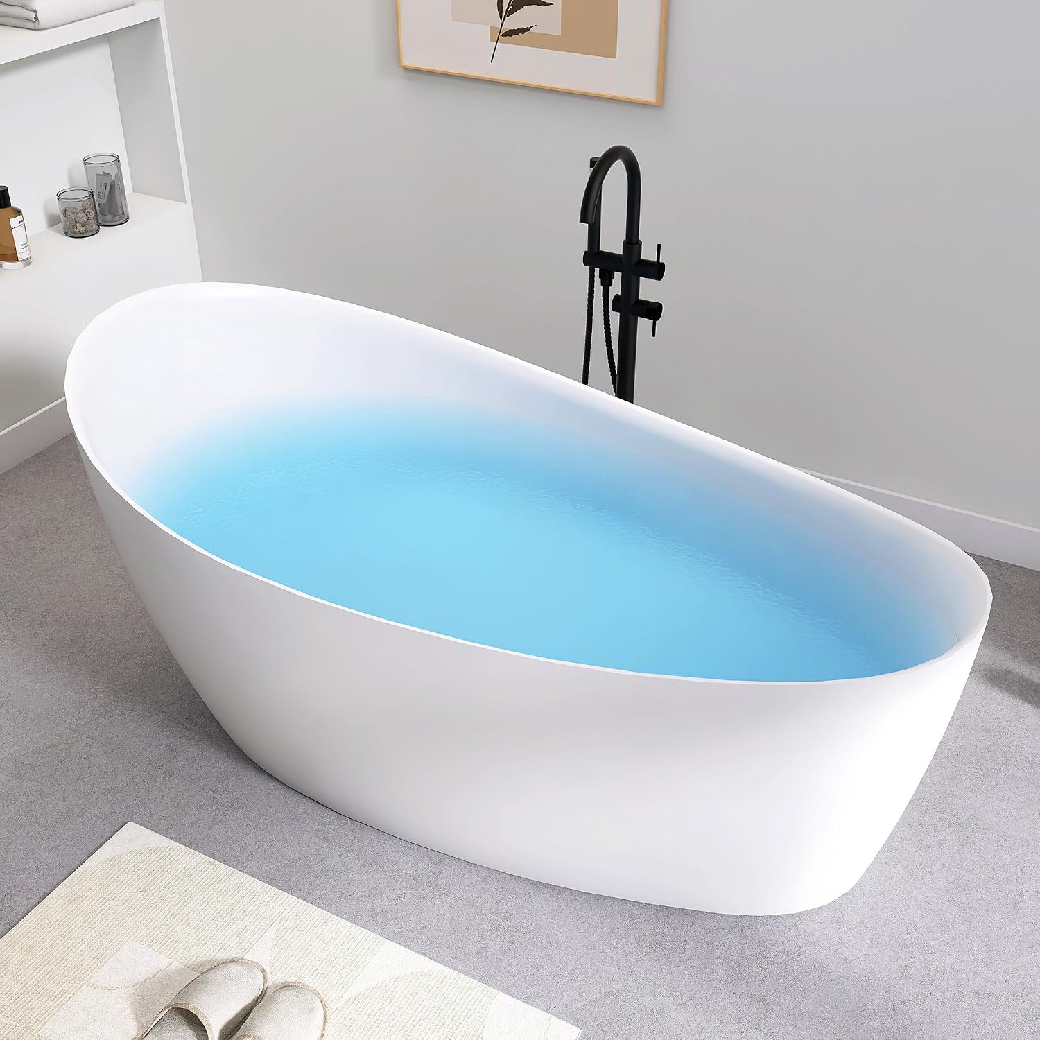SJ STAR&JANE 65' Solid Surface Freestanding Bathtub, Matte White Oval Soaking Stone Resin Tub with Overflow and Pop-up Drain for Modern Bathrooms