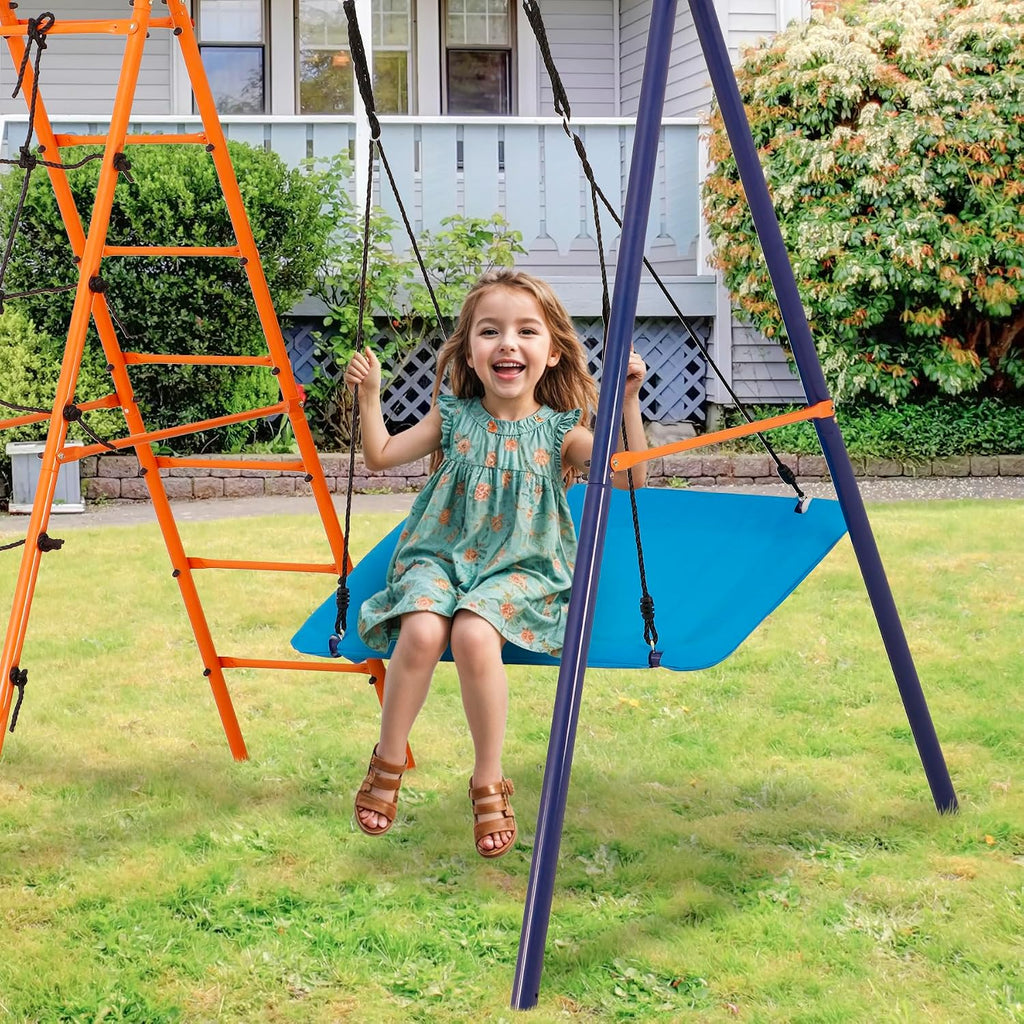 Nouva 6 in 1 Metal Swing Sets for Backyard - Heavy-Duty Kids Outdoor Combo w/2 Swings & Climbing Ladder & Nets & Seesaw & Basketball Hoop - Swing Stand Set for Playground, Playset