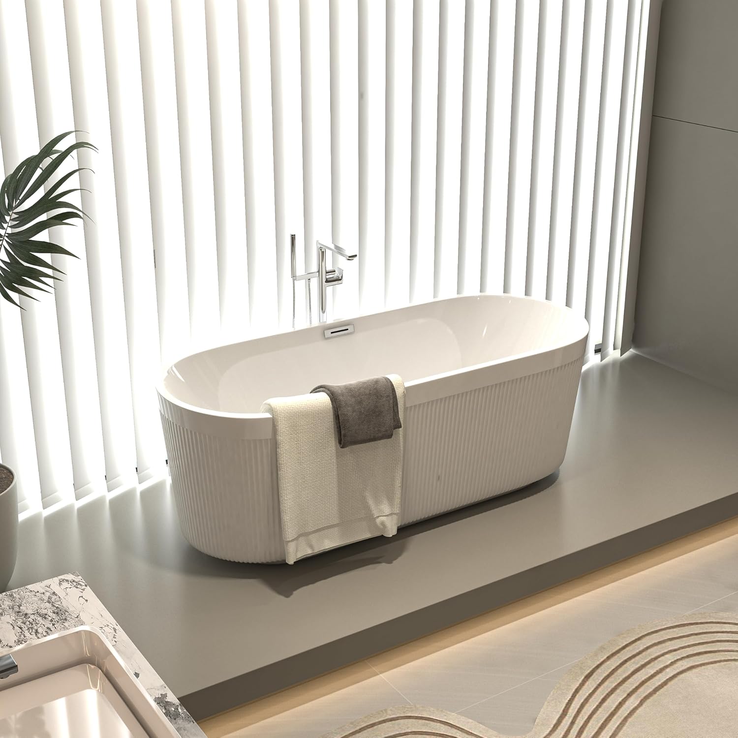 59' Acrylic Freestanding Bathtub with Unique Pleated Design: Spacious Oval Shape, Gloss White Finish, Chrome Overflow & Pop-Up Drain
