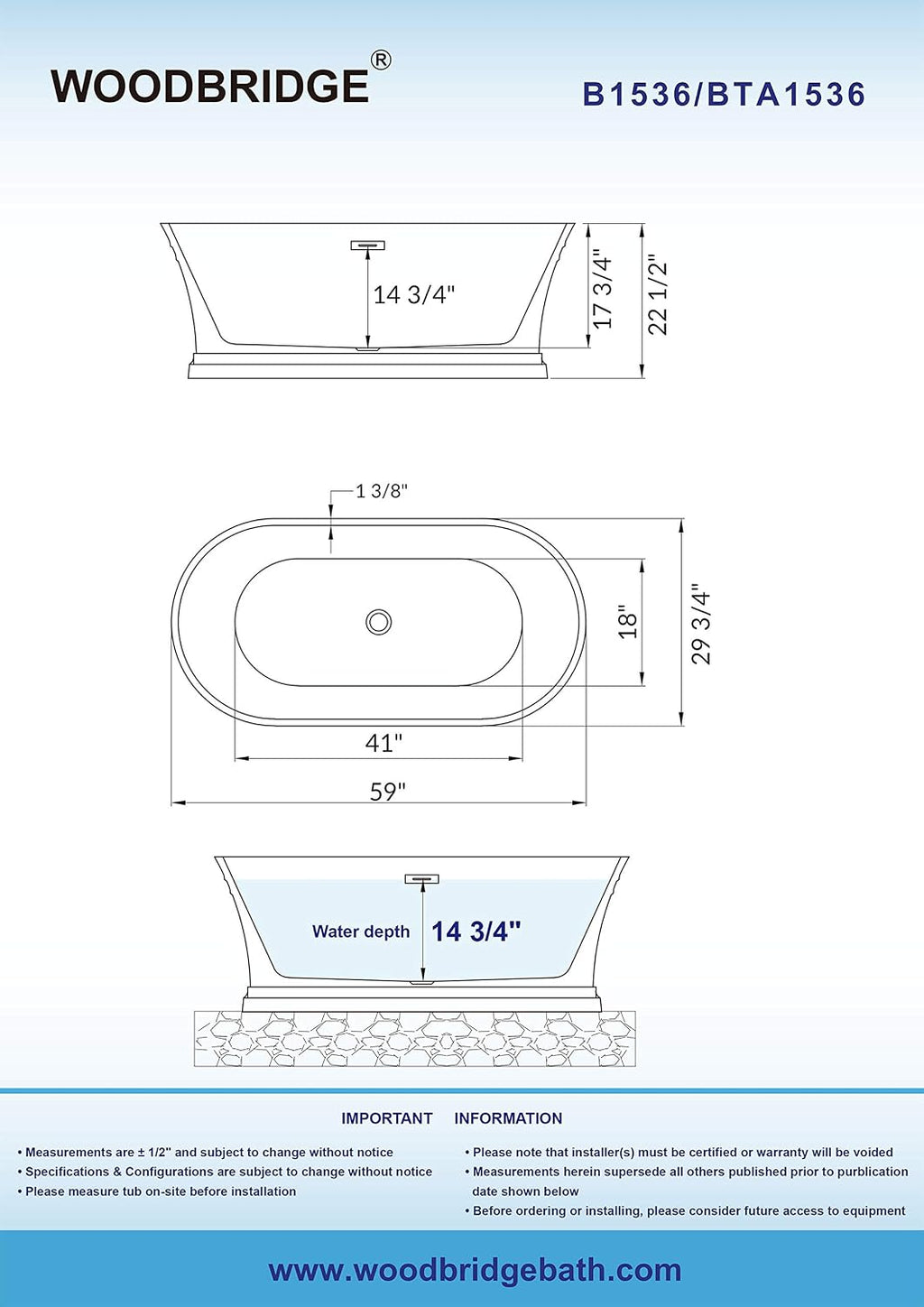 WOODBRIDGE 59'Freestanding White Acylic Soaking Bathtub with Chrome Drain and Overflow,B1536-C