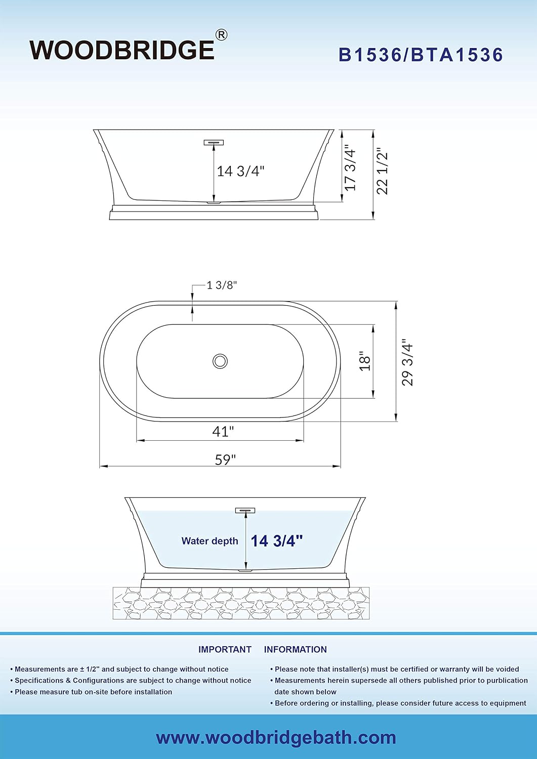 WOODBRIDGE 59'Freestanding White Acylic Soaking Bathtub with Chrome Drain and Overflow,B1536-C