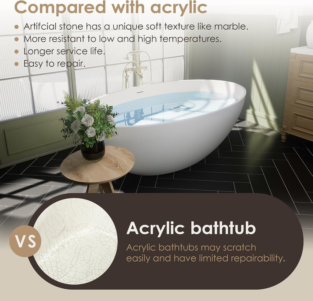 Cacciar 67' Solid Surface Freestanding Oval Soaking Bathtub in Matte White