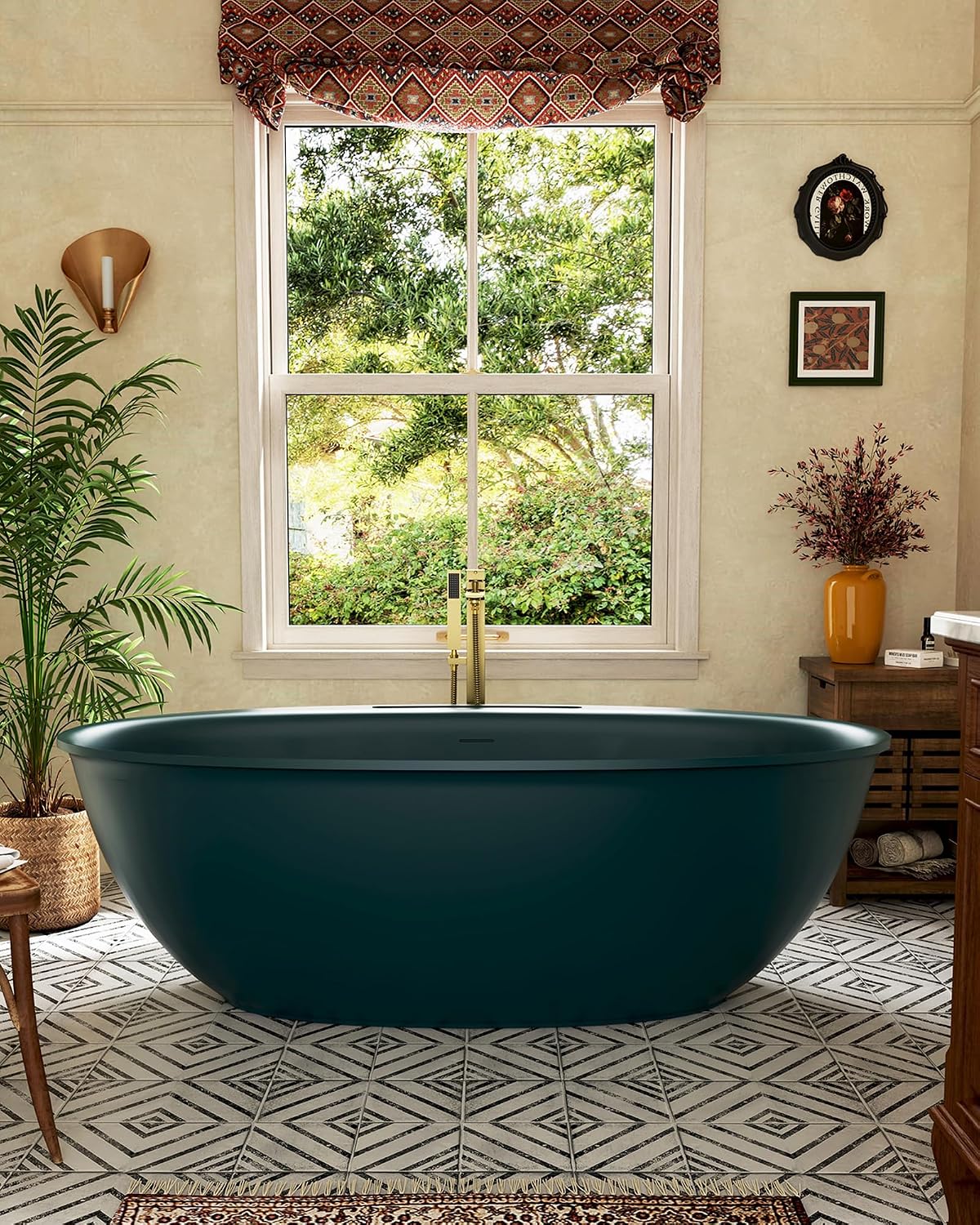 CASAINC 63' Solid Surface Free Standing Tub Deep Teal Stone Resin Freestanding Bathtub Soaking Tub with Drain, Drain Hose & Sanding Paper