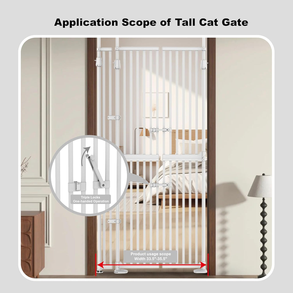 YGP 74.8-90.5' Extra Tall Cat Gate,30.3–38.2' Wide Pressure Mounted Cat Gate for Doorway, 1.3' Narrow Bar Cat Dog Proof Pet Gate,Auto Close No Drilling for Indoor Stairs Window Wall.White