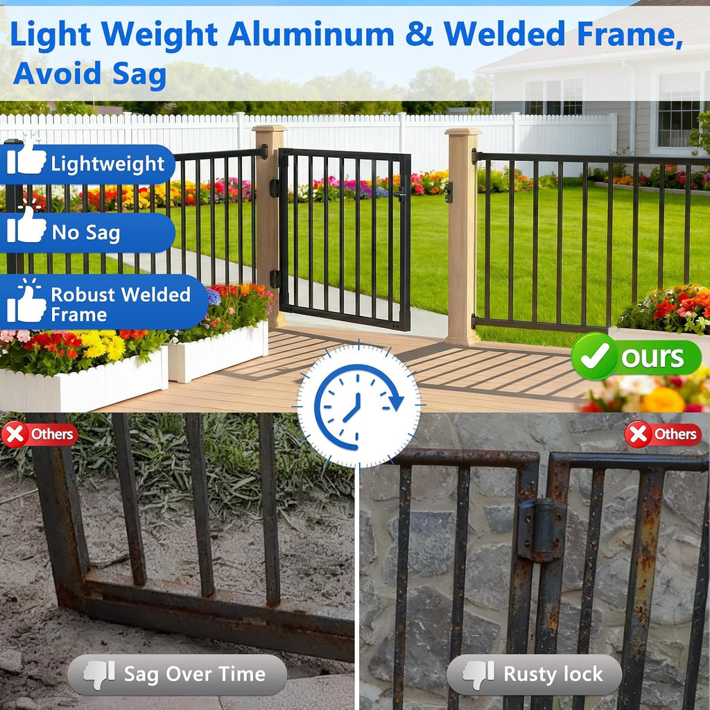 W.3ft x H.36in Outdoor Aluminum Deck Gate Kit, Cuttable Porch Gate with Latch and Auto-Close Hinge, AAMA 2604–Grade Texture Black Finish for Deck Railing, Patio, Porch, Garden & Yard