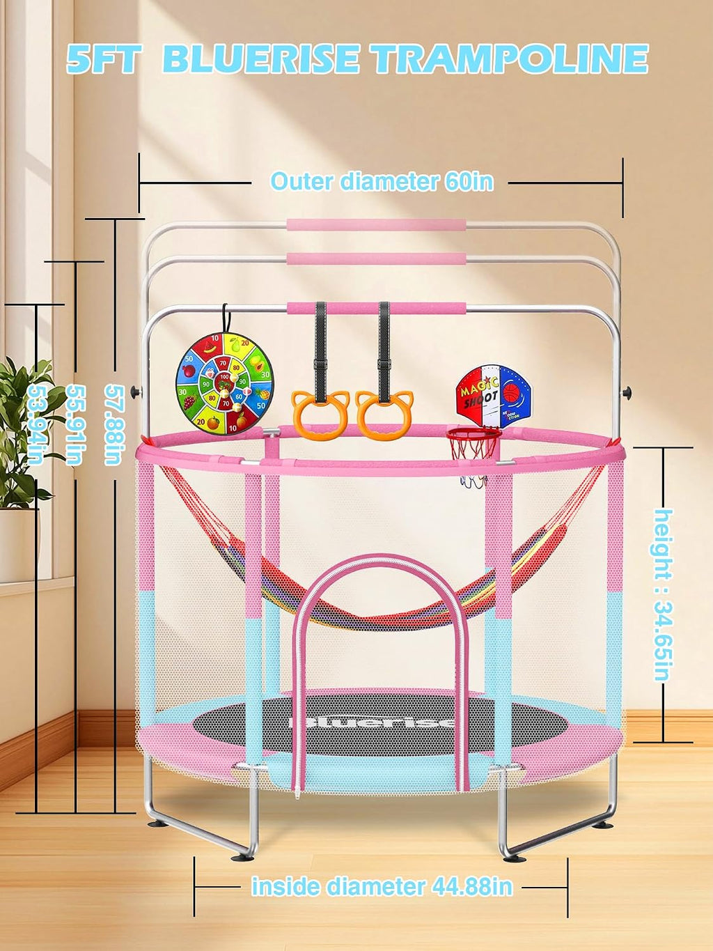 BLUERISE 60' Trampoline for Kids 5FT Toddler Trampolines Indoor/Outdoor with Adjustable Gymnastics Bar & Safety Net, No-Gap Design, Anti-Rollover Bottom, Basketball Hoop, Gifts for Boys & Girls