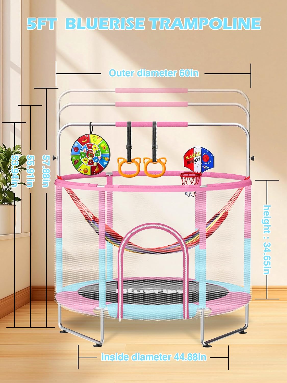 BLUERISE 60' Trampoline for Kids 5FT Toddler Trampolines Indoor/Outdoor with Adjustable Gymnastics Bar & Safety Net, No-Gap Design, Anti-Rollover Bottom, Basketball Hoop, Gifts for Boys & Girls