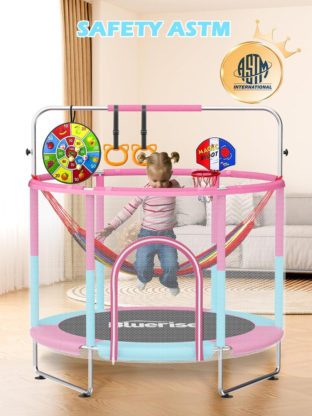 BLUERISE 60' Trampoline for Kids 5FT Toddler Trampolines Indoor/Outdoor with Adjustable Gymnastics Bar & Safety Net, No-Gap Design, Anti-Rollover Bottom, Basketball Hoop, Gifts for Boys & Girls