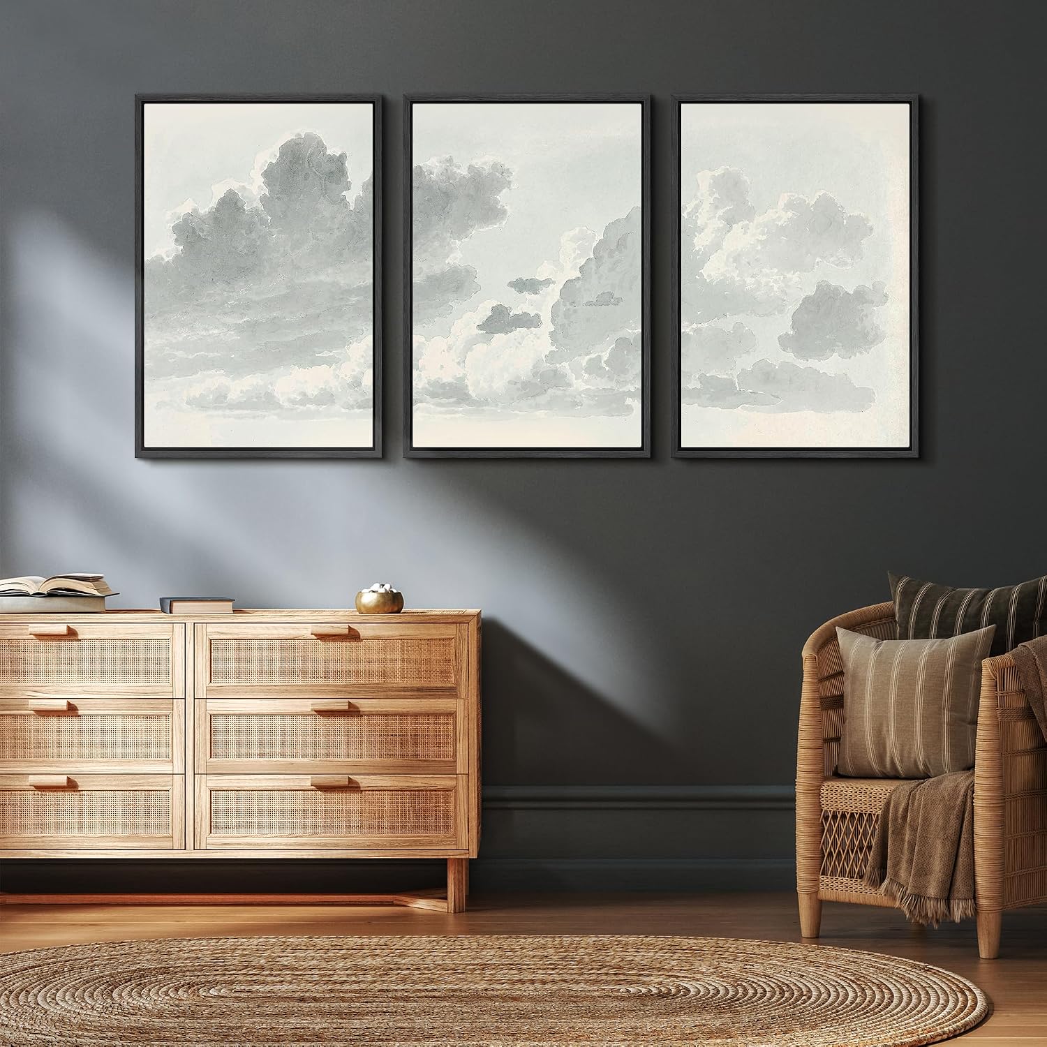 wall26 Framed Canvas Print Wall Art Set Minimalist Cloud Study Soft Watercolor Sky Illustrations Modern Art Decorative Floral Botanical Minimal for Bedroom - 24'x36'x3 Black
