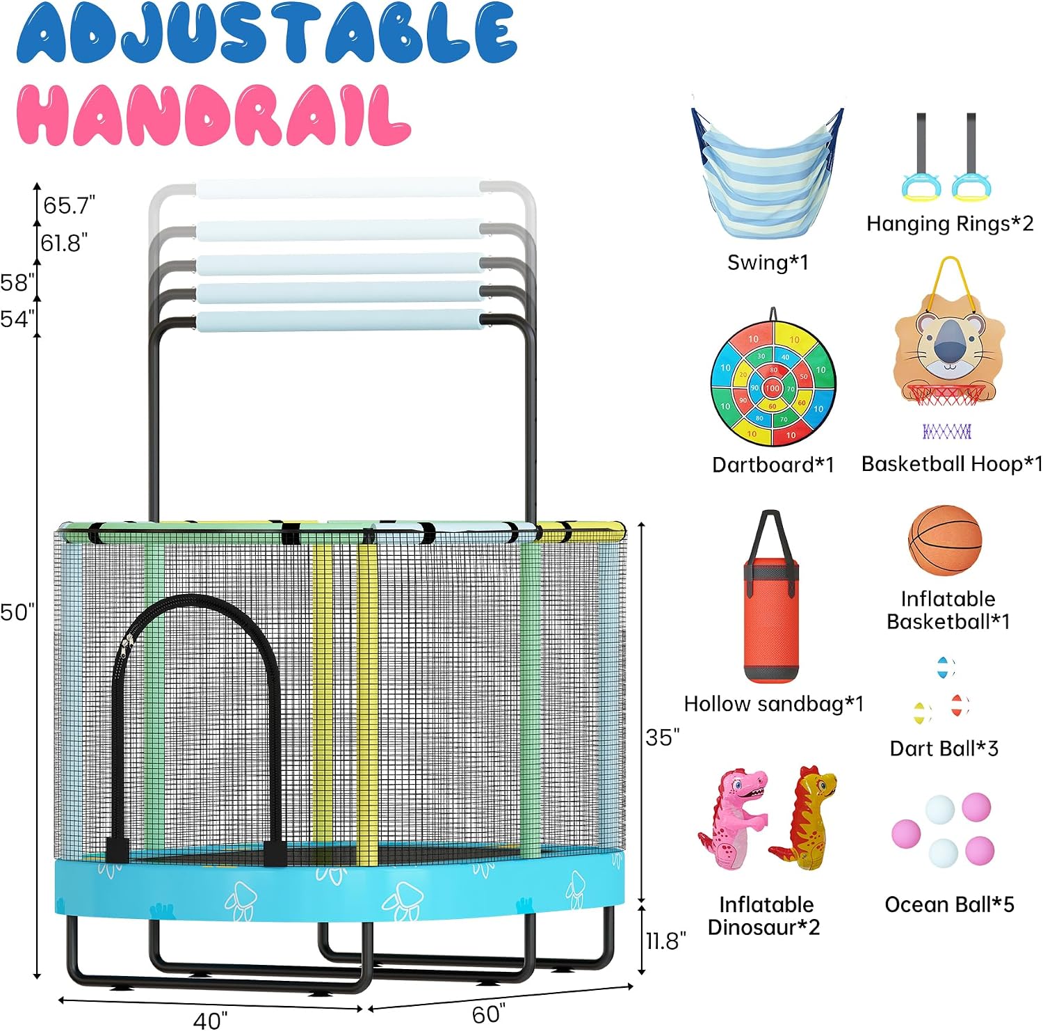 Lamerge Kids Trampoline, Indoor Trampoline Approved by ASTM, Safety Enclosure Net and Adjustable Handrail, 1-8 Children, 500lbs Capacity, 7-in-1, 60'