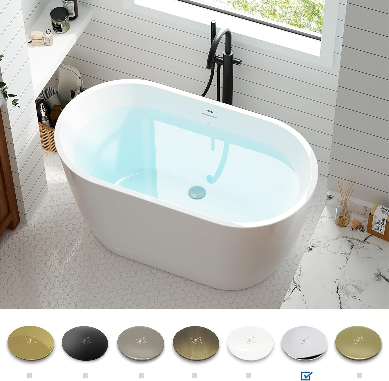FerdY 47' Bali Acrylic Freestanding Bathtub, Gracefully Shaped Freestanding Soaking Bathtub, cUPC Certified, Toe-Tap Polished Chrome Drain and Minimalist Linear Design Overflow Included
