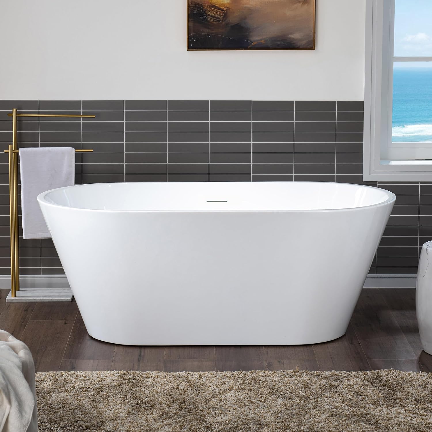 WOODBRIDGE 59 X 29.5 X 22.8' freestanding soaking bathtub with matte black drain included, White WE009