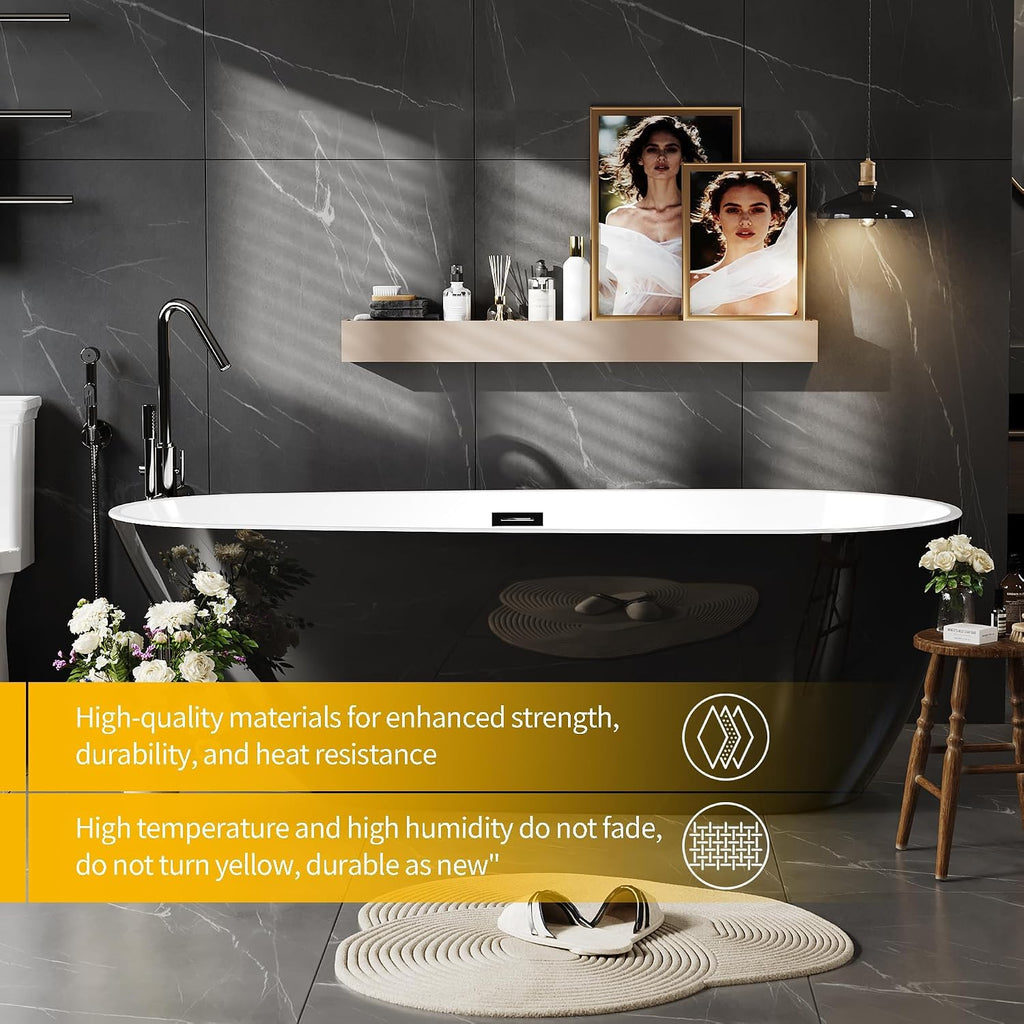 59 Inch Acrylic Freestanding Bathtub, Acrylic Soaking Bathtub with Matte Drain and Overflow, Modern Square Tub, cUPC Certified, Deep Ergonomic Design, Double-Walled Insulation, Easy Installation