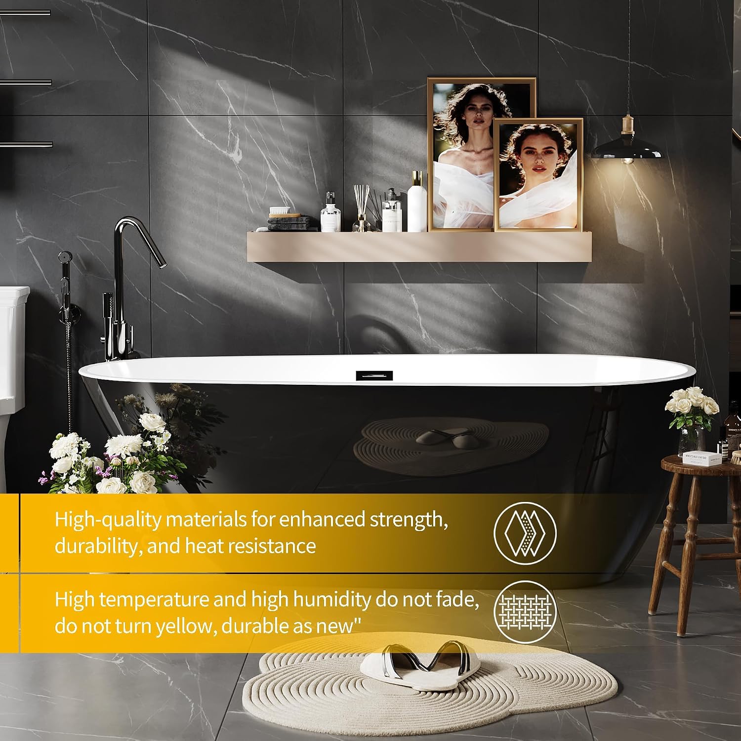 59 Inch Acrylic Freestanding Bathtub, Acrylic Soaking Bathtub with Matte Drain and Overflow, Modern Square Tub, cUPC Certified, Deep Ergonomic Design, Double-Walled Insulation, Easy Installation