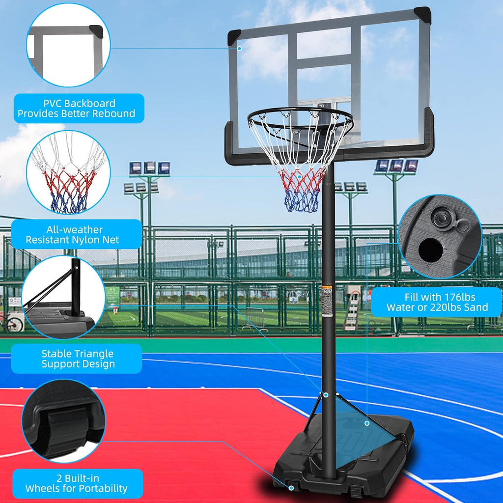 Basketball Hoop, 6.5-10ft Adjustable Height Basketball Hoop Outdoor, Basketball Hoop Indoor Portable Basketball Hoop Goal Court System with 44 Inch Backboard and Basketball Net