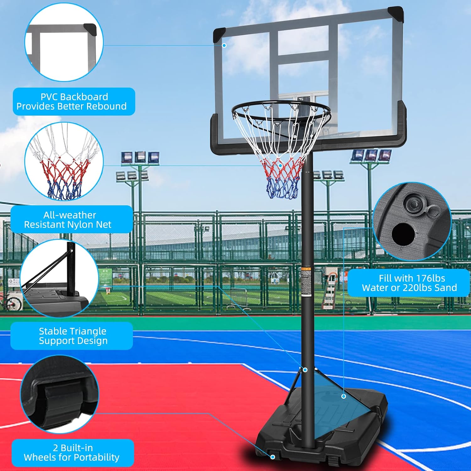 Basketball Hoop, 6.5-10ft Adjustable Height Basketball Hoop Outdoor, Basketball Hoop Indoor Portable Basketball Hoop Goal Court System with 44 Inch Backboard and Basketball Net