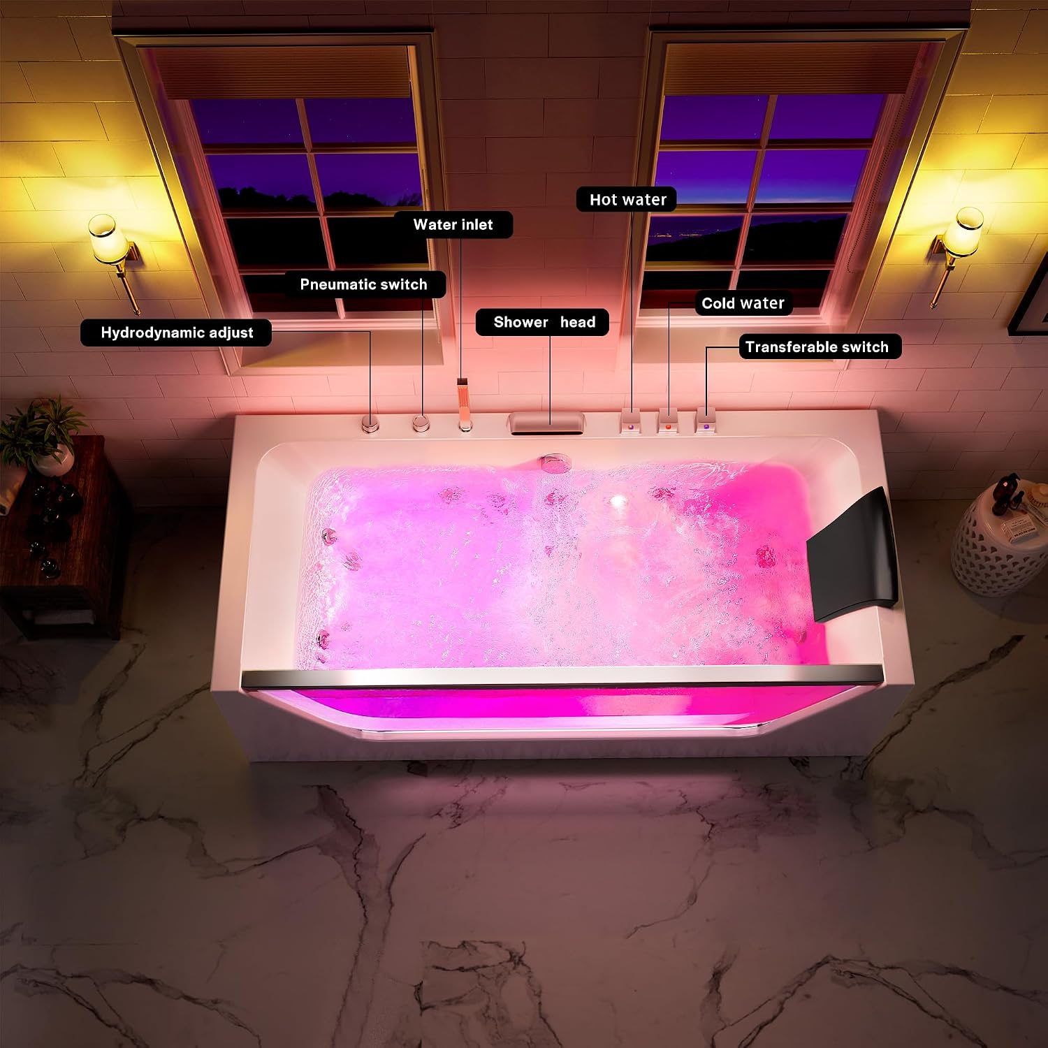67' Whirlpool Hydro Massage Tub with Chromatherapy, Hydrotherapy Jetted Bathtub with Glass Panel, Acrylic Spa Tub with Center Drain, White