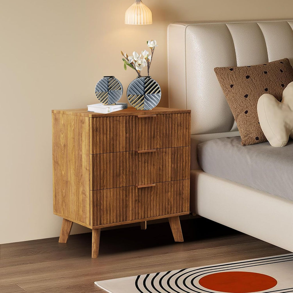 Mid-Century 3 Drawers Bedside Table Cabinet, Modern Nightstand with 3 Drawer and Solid Wood Legs, Contemporary 3-Drawer Dresser, Mid Century Nightstand with 3 Storage Drawer for Bedroom (Walnut)