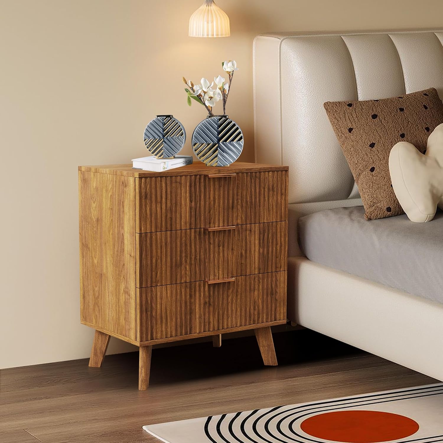 Mid-Century 3 Drawers Bedside Table Cabinet, Modern Nightstand with 3 Drawer and Solid Wood Legs, Contemporary 3-Drawer Dresser, Mid Century Nightstand with 3 Storage Drawer for Bedroom (Walnut)