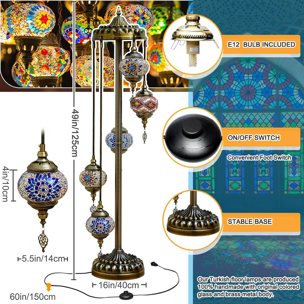 Hortsun Turkish Lamp Moroccan Floor Lamp Handmade Globe Living Floor Lighting Bohemia Standing Lighting for Decorative Home Designs(Floor,5 Globes Style)