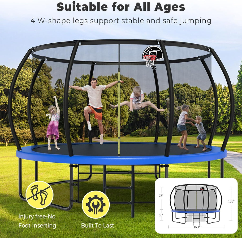 Lyromix 12 14 15 16FT Outdoor Trampolines for Kids and Adults, Pumpkin Trampolin with Curved Poles, Recreational Trampolin with Basketball Hoop and Safety Enclosure Net for Kids and Adults