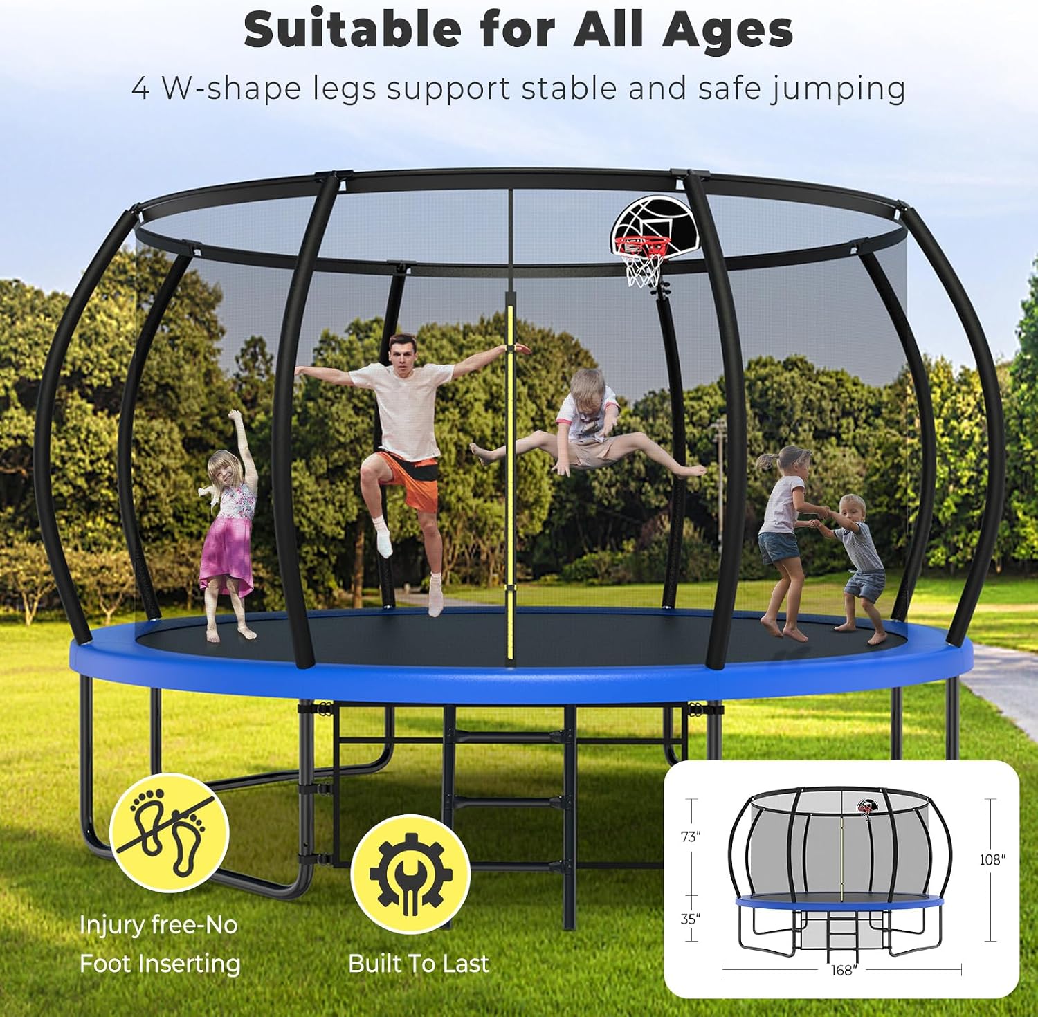 Lyromix 12 14 15 16FT Outdoor Trampolines for Kids and Adults, Pumpkin Trampolin with Curved Poles, Recreational Trampolin with Basketball Hoop and Safety Enclosure Net for Kids and Adults