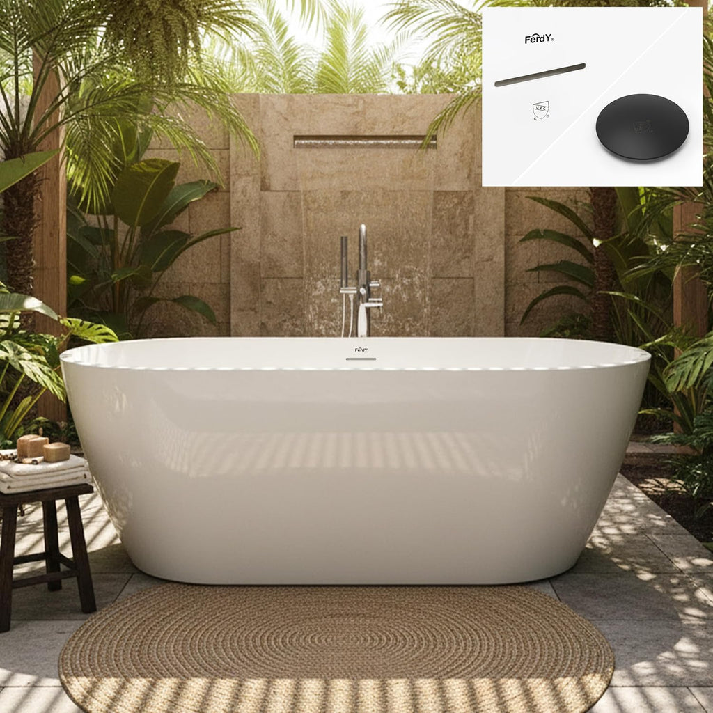FerdY 67' Acrylic Freestanding Bathtub, Contemporary Soaking tub with Matte Black Drain & Overflow, Elegant Oval Shape, cUPC Certified, Bali