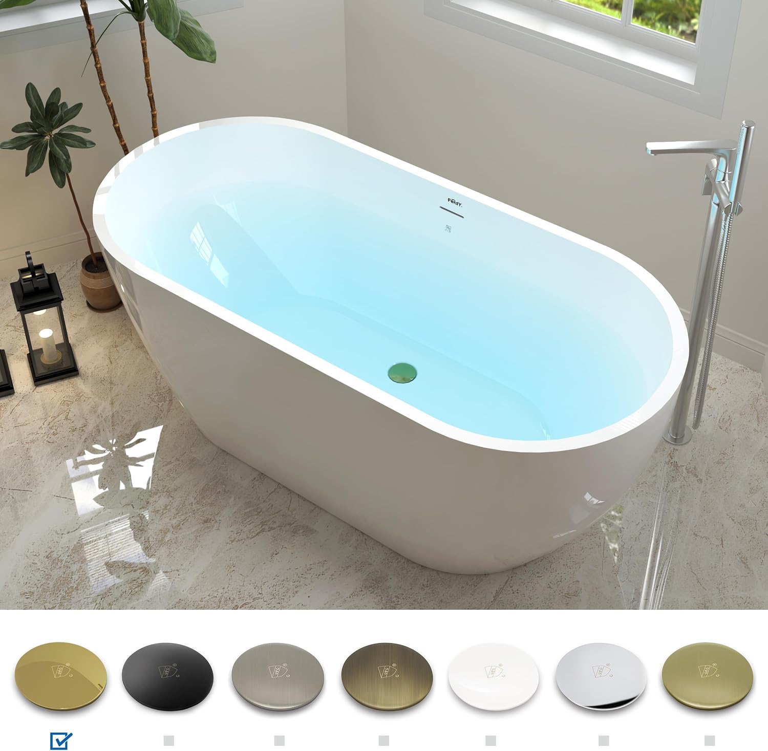 FerdY 59' Acrylic Freestanding Bathtub, Contemporary Soaking tub with Polished Gold Drain & Overflow, Elegant Oval Shape, cUPC Certified, Bali