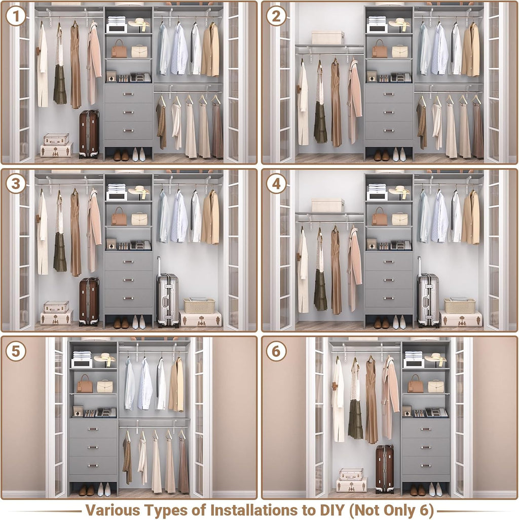 Closet System with 3 Drawers - 8FT Wood Closet Organizer with 3 Shelving Tower & Hanging Rods, 96' Walk-in Wardrobe Closet Organizer System for 4-8FT Spaces, Heavy Duty Garment Clothes Rack, Grey