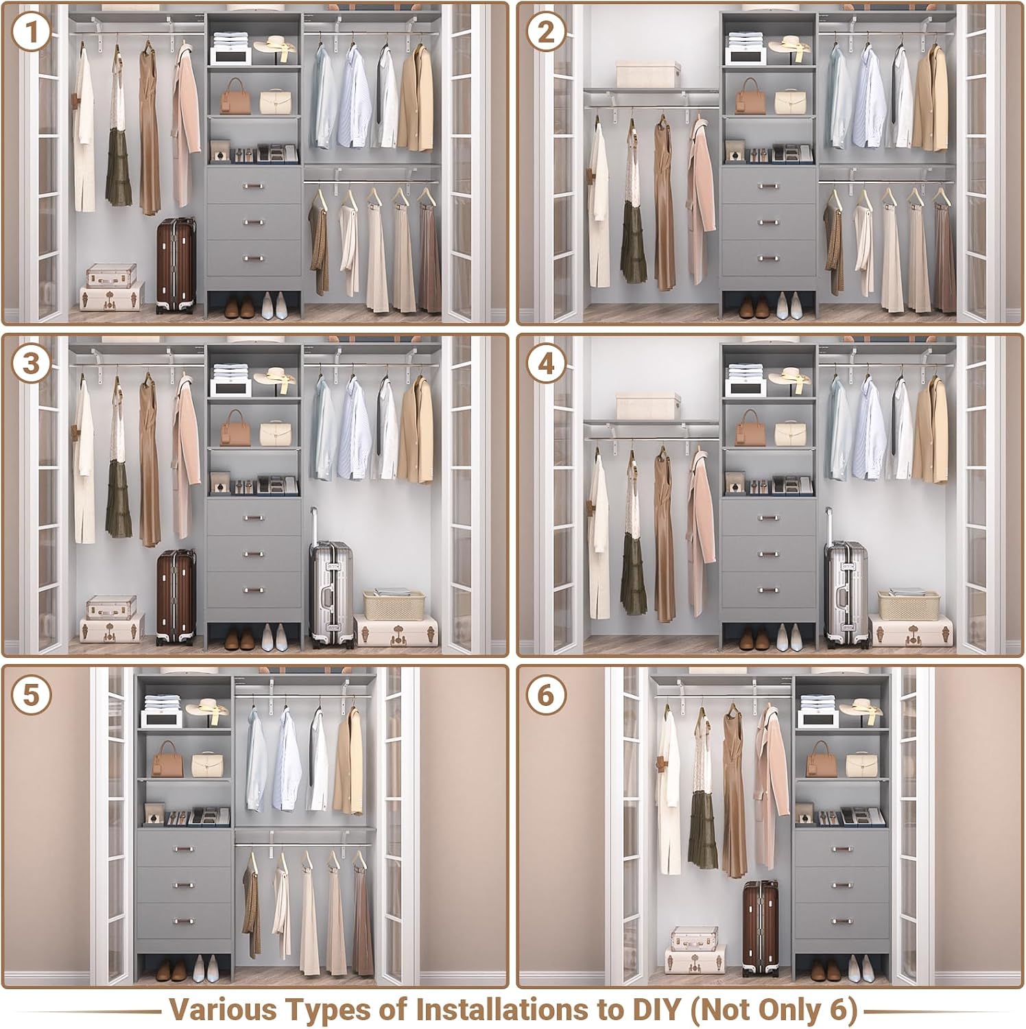 Closet System with 3 Drawers - 8FT Wood Closet Organizer with 3 Shelving Tower & Hanging Rods, 96' Walk-in Wardrobe Closet Organizer System for 4-8FT Spaces, Heavy Duty Garment Clothes Rack, Grey