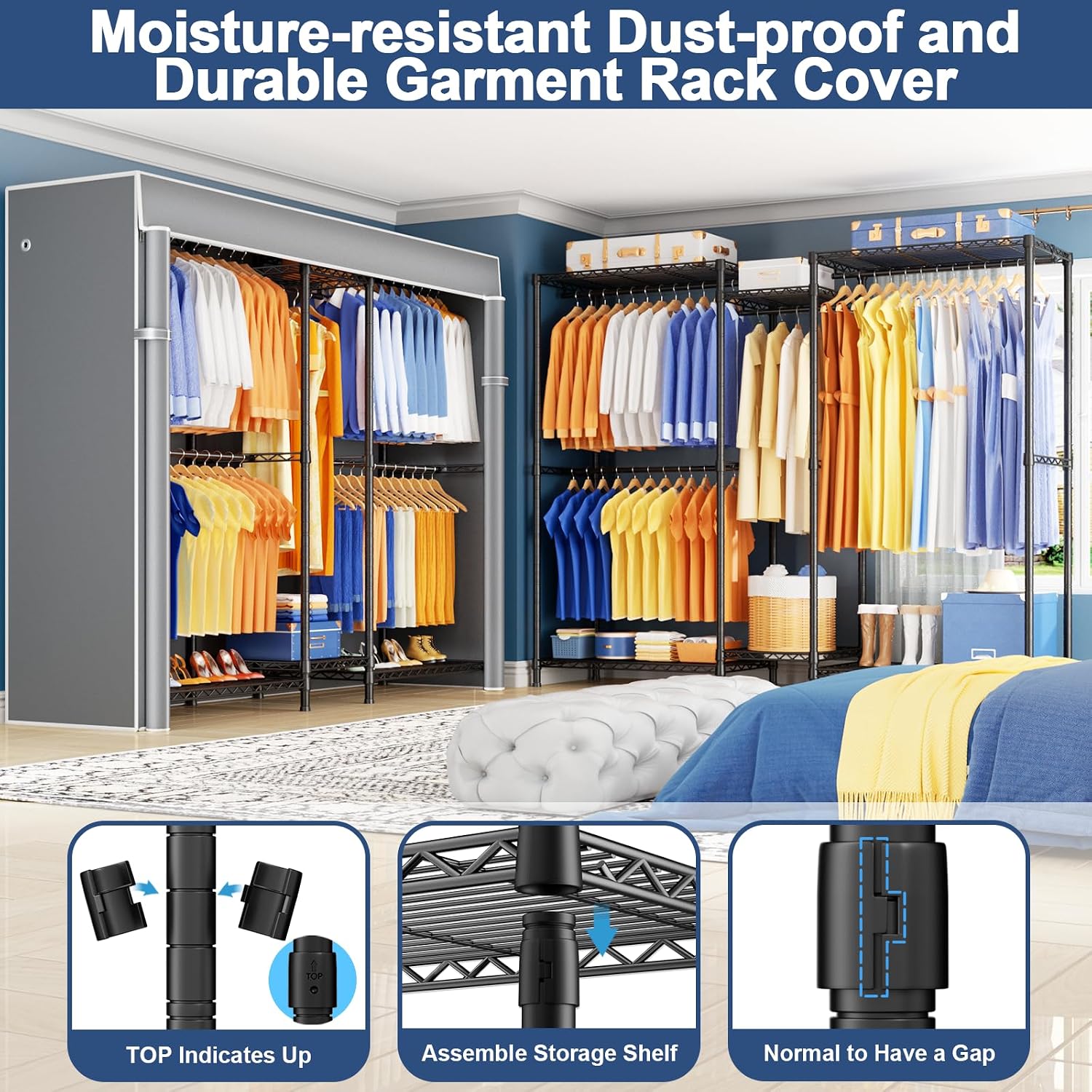 Ulif E10 (With Stretchable Hanger Rod) and E12C (With Black Dustproof Cover) Heavy Duty Closet Organizer System, Freestanding Clothing Rack for Hanging Clothes, Adjustable Garment Rack