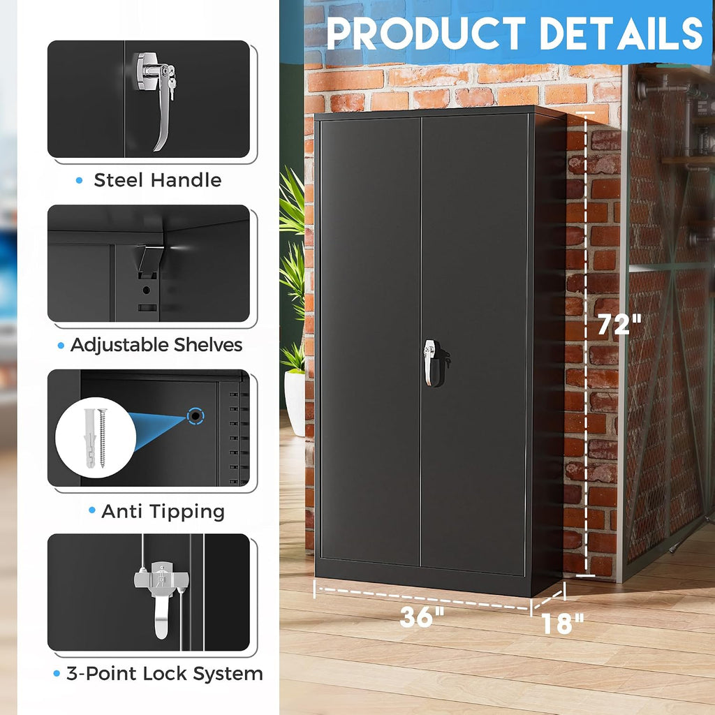 Greenvelly Metal Storage Cabinets 72' Black Garage Steel Storage Cabinet with Doors and Shelves, Metal Tool Cabinet, Steel File Cabinet for Home Office, Basement, Warehouse, Classroom（Anti Tipping）