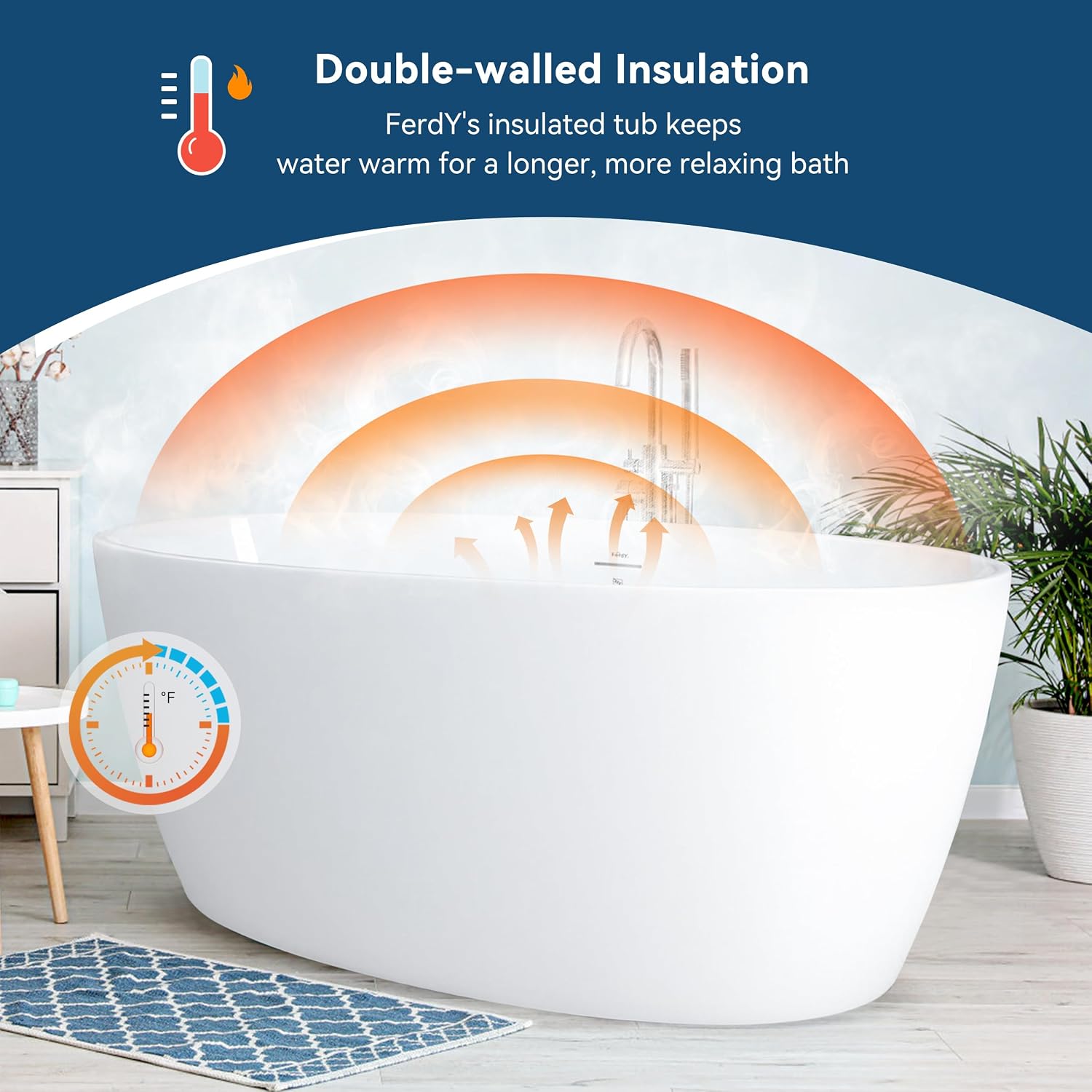 FerdY Tahiti 59' Acrylic Freestanding Bathtub, Elegant Oval Shape Bathtub, Glossy White, Brushed Nickel Drain & Integrated Slotted Overflow Assembly Included cUPC Certified, 02119