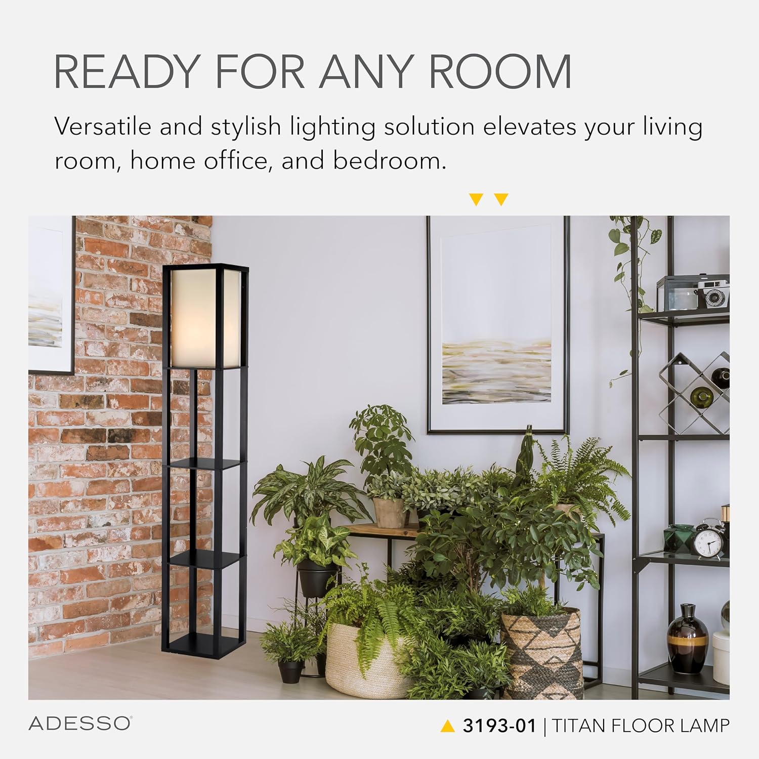 Adesso Square Floor Lamp with 3-Tier Open Shelves, Black Base, Fabric Shade, 72' T x 10.5' W, Extended Length Cord, Enhances Room Decor and Home Lighting